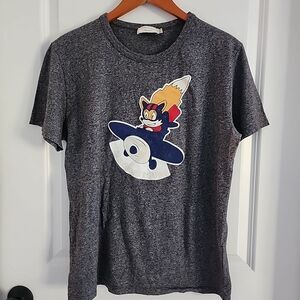 Maison Kitsune Paris 1er T Shirt Graphic Gray Fox Plane Short Sleeve Size M